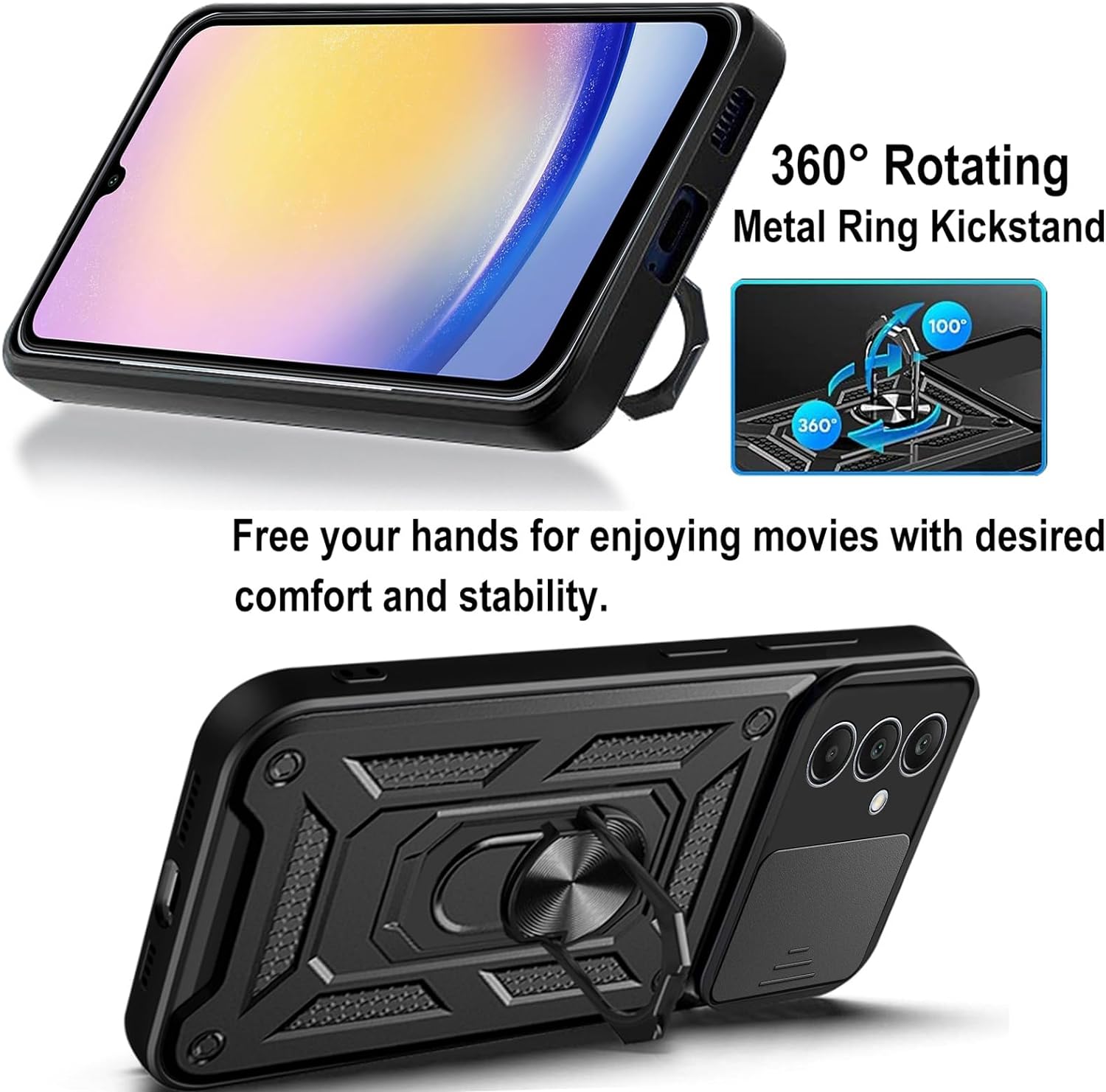 Samsung Galaxy A25 Case Shockproof Ring Stand Phone Camera Lens Cover & Screen Protector