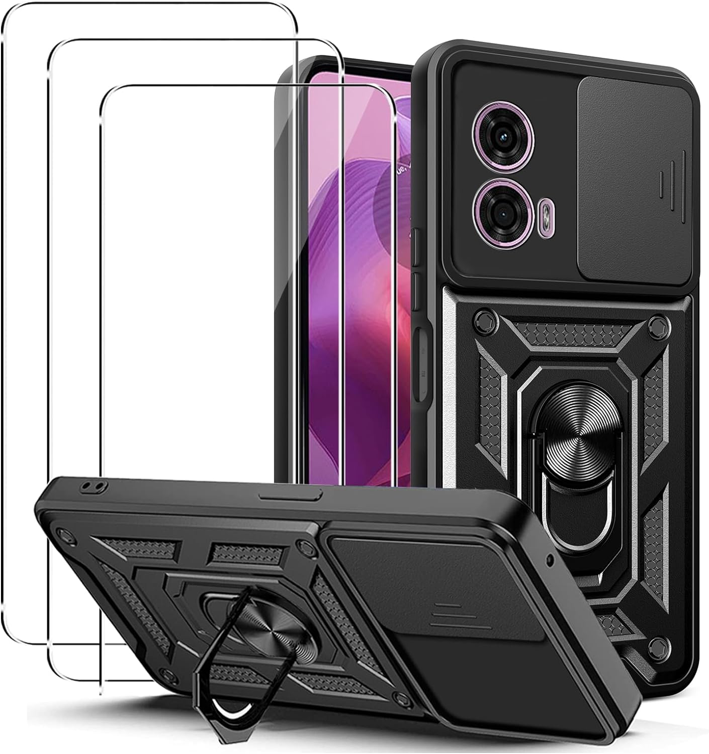 Motorola Moto E14 Case Shockproof Ring Stand Phone Camera Lens Cover & Screen Protector