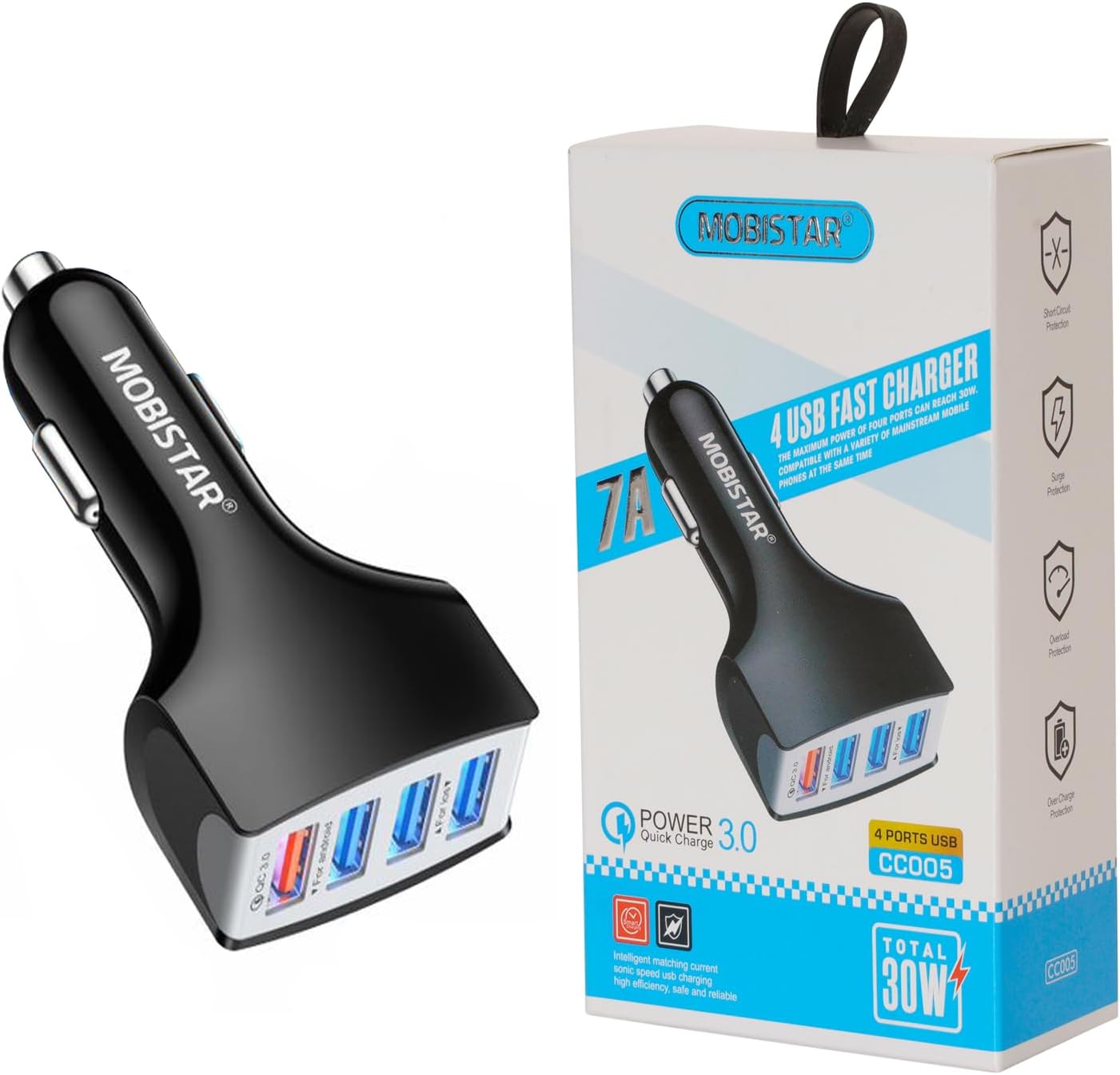 Car Charger USB Adapter, 30W QC 3.0 4-Ports Universal Car Phone Charger 7A Fast Charging Cigarette Lighter USB Charger
