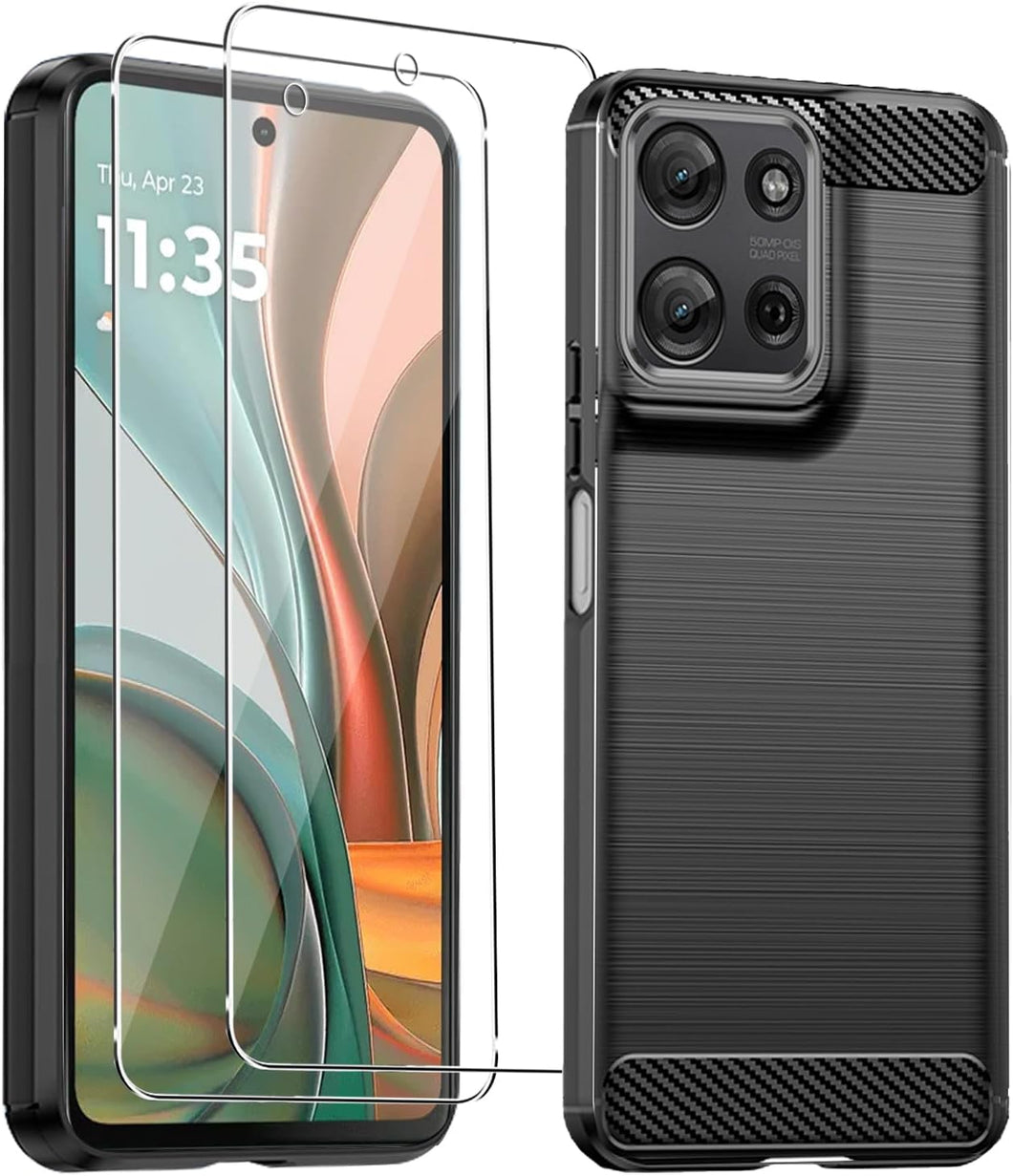 Motorola Moto G75 Case Carbon Fibre Phone Cover + Screen Protector