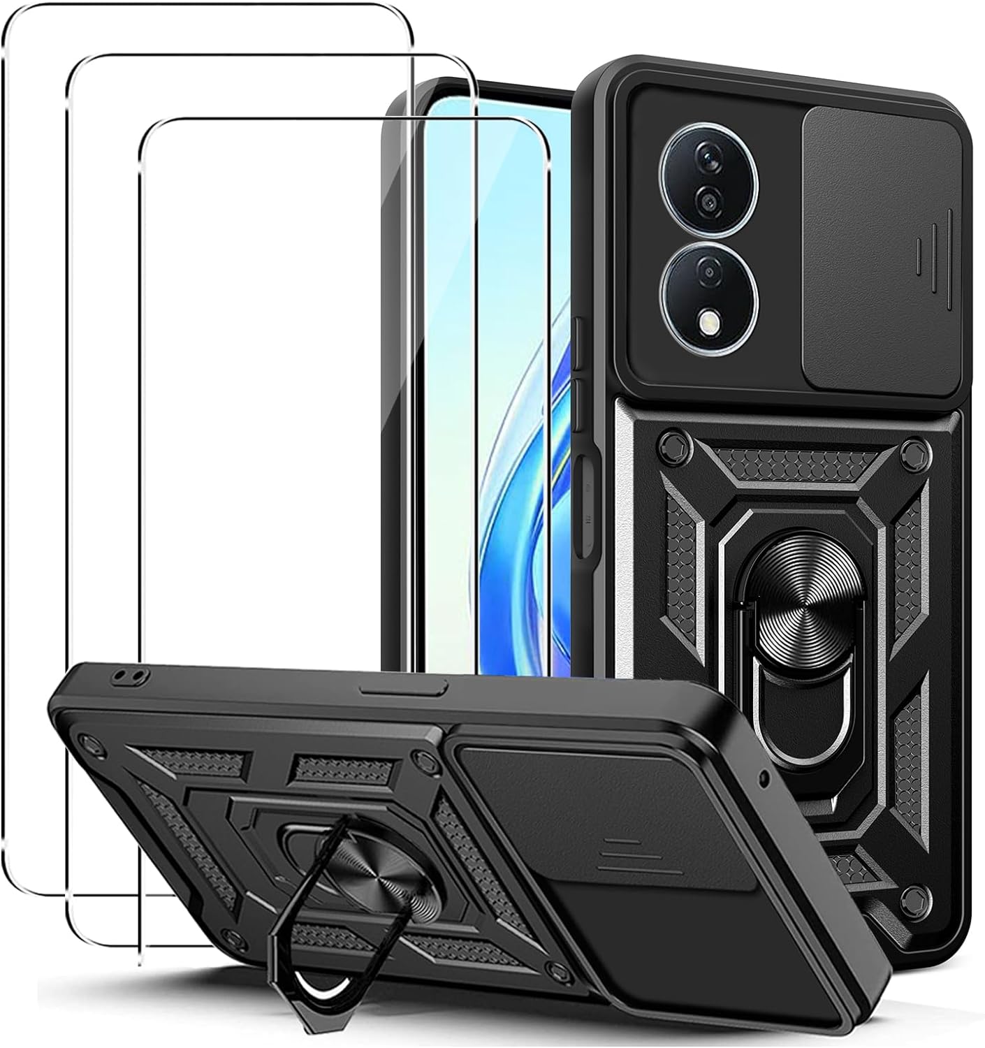 Honor 90 Smart Case Shockproof Ring Stand Phone Camera Lens Cover & Screen Protector