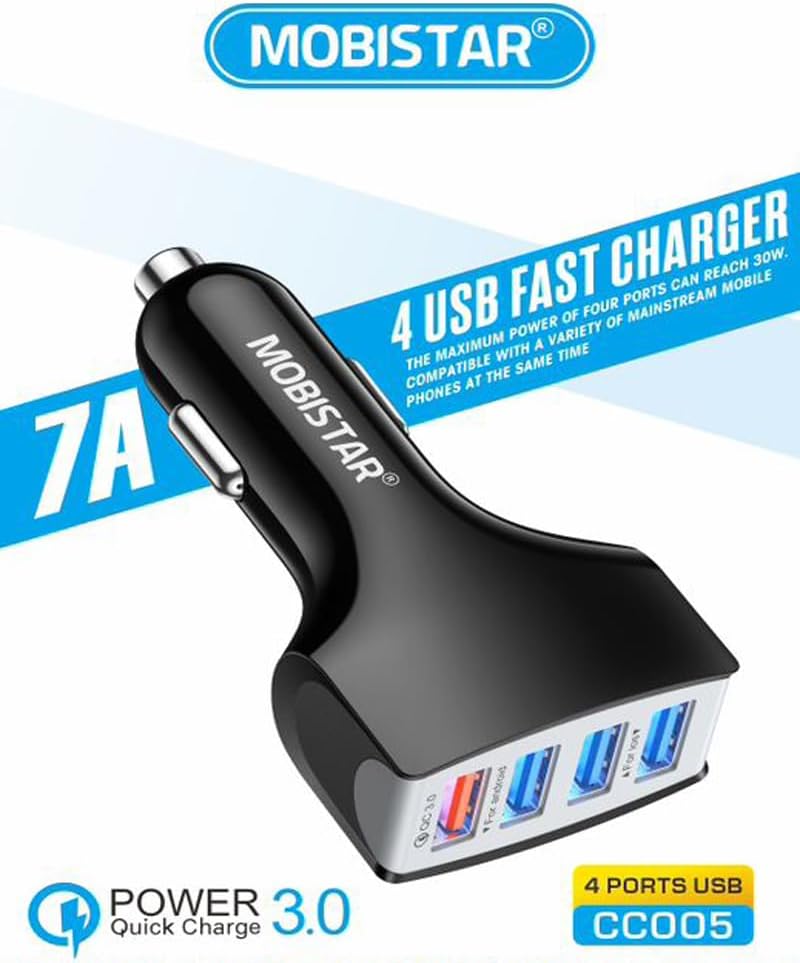 Car Charger USB Adapter, 30W QC 3.0 4-Ports Universal Car Phone Charger 7A Fast Charging Cigarette Lighter USB Charger