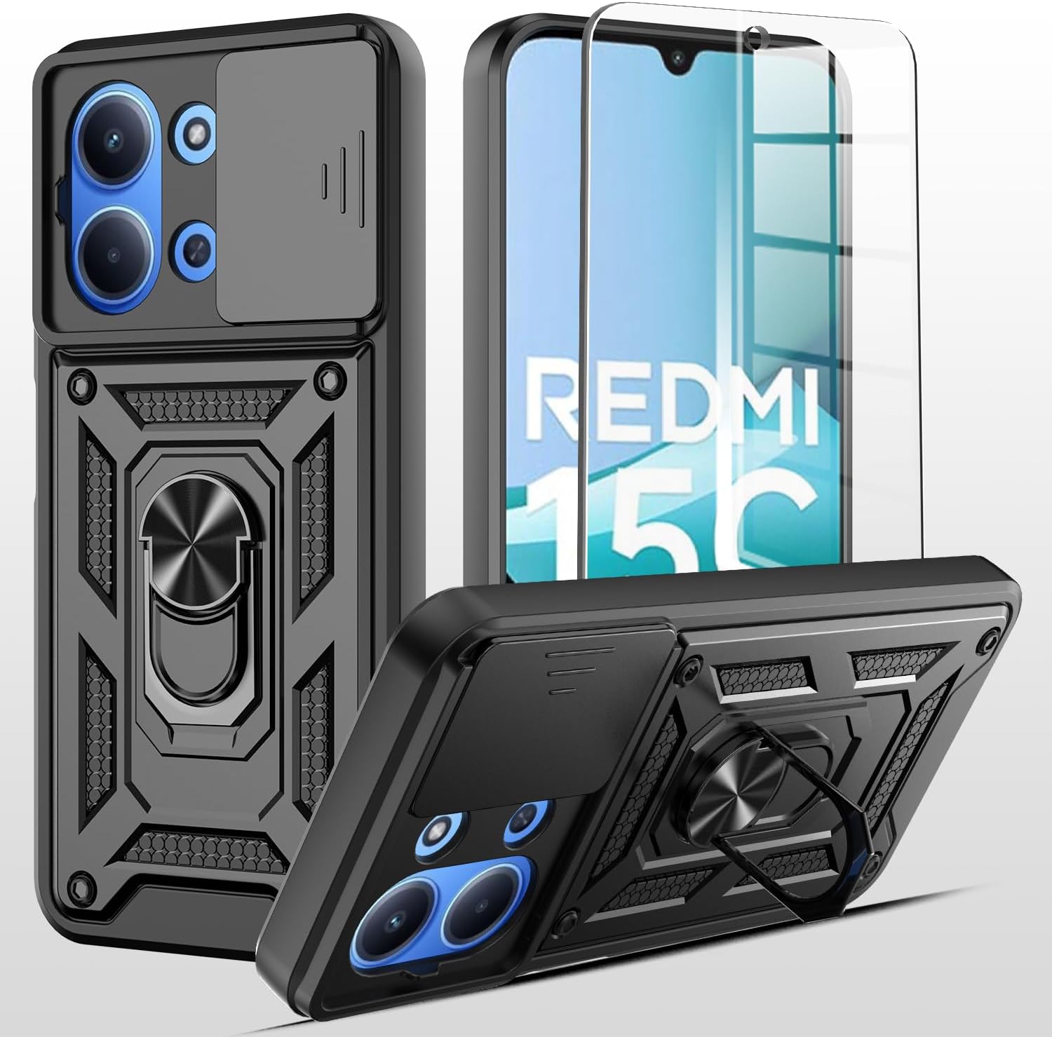 Xiaomi Redmi 15C / Poco C85 Case Shockproof Ring Stand Phone Cover & Screen Protector