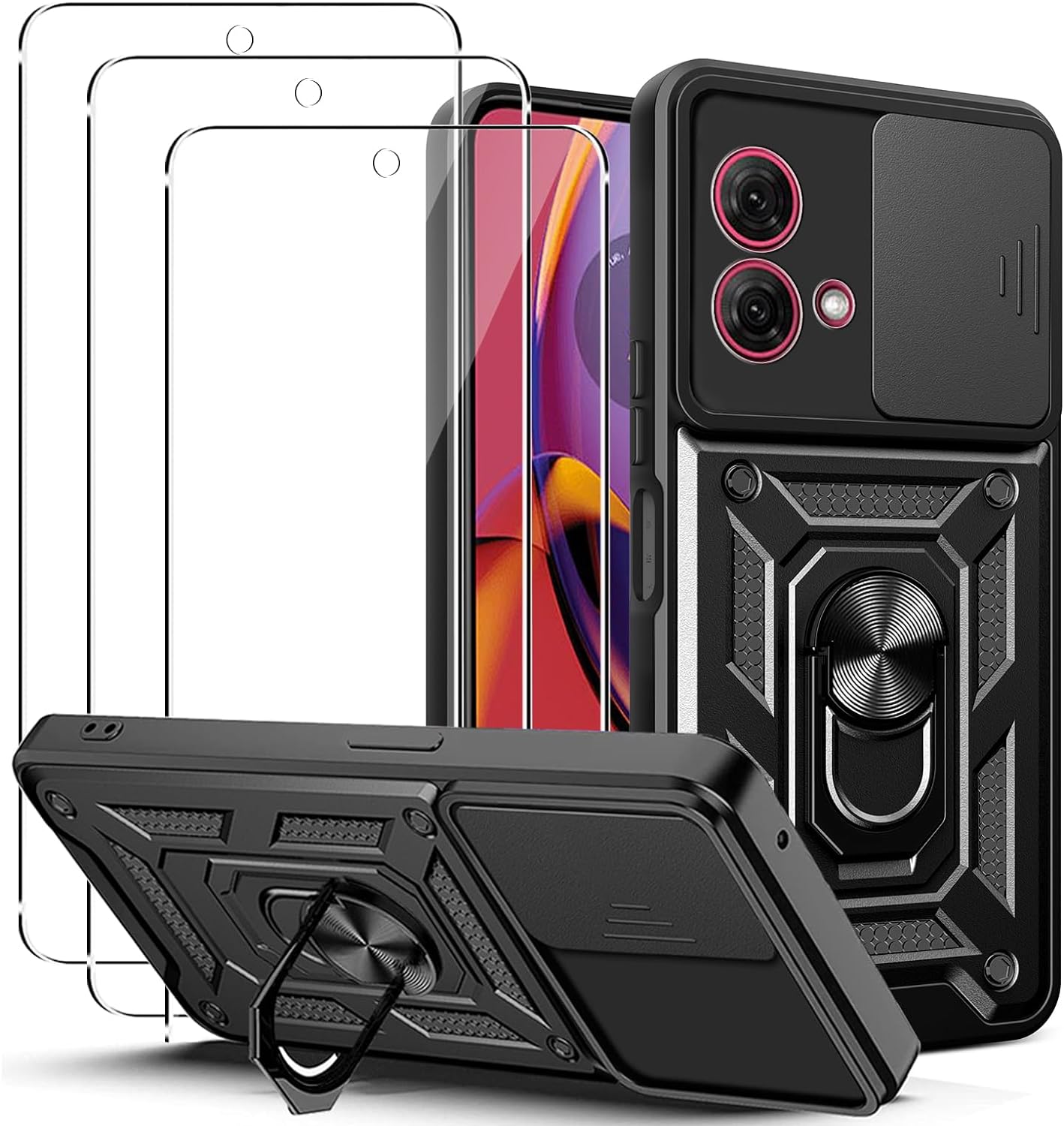 Motorola Moto G84 Case Shockproof Ring Stand Phone Camera Lens Cover & Screen Protector