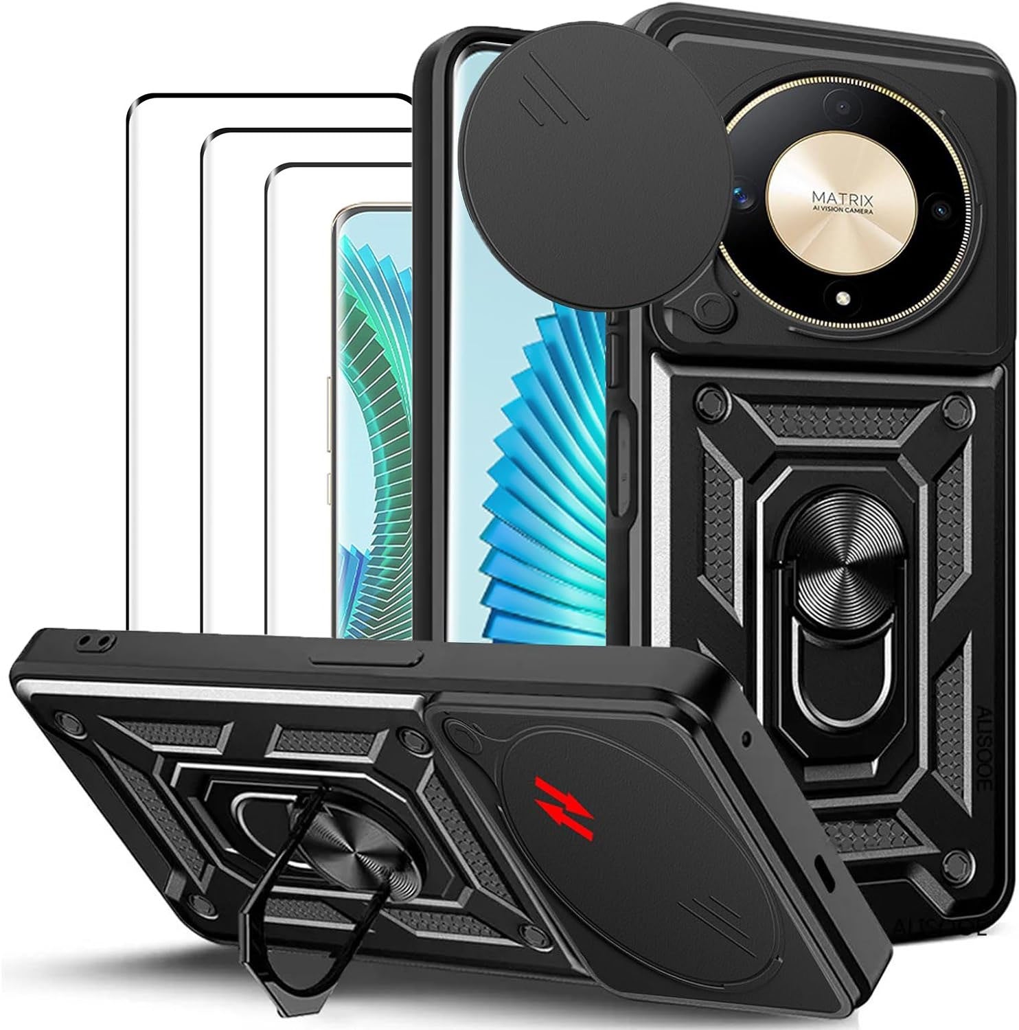 Honor Magic 6 Lite 5G Case Shockproof Ring Stand Phone Camera Lens Cover & Screen Protector