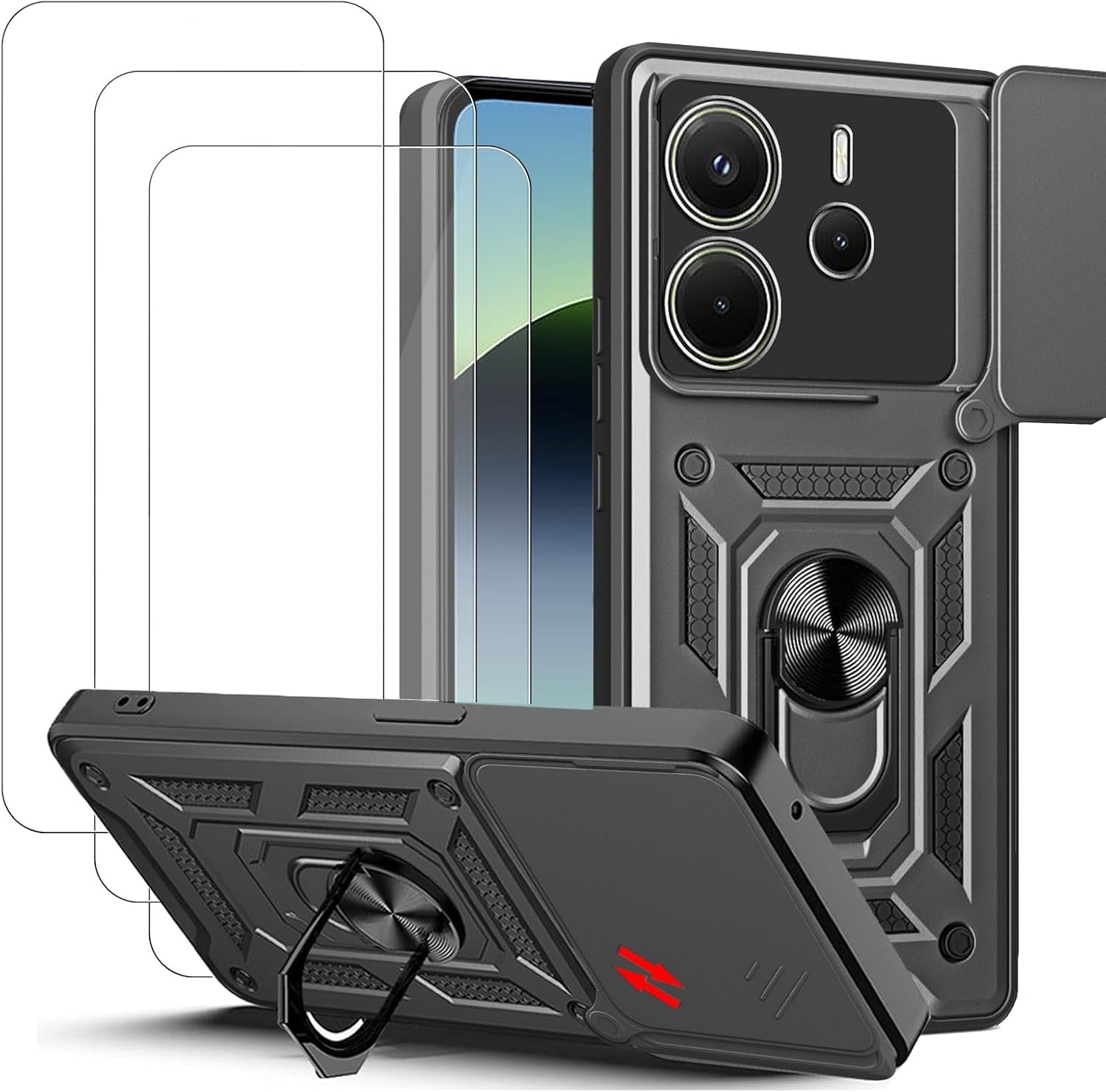 Xiaomi Redmi Note 14 5G Case Shockproof Ring Stand Phone Cover & Screen Protector