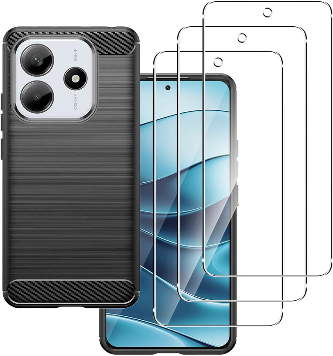 Xiaomi Redmi Note 14 5G Case Carbon Fibre Phone Cover + Screen Protector