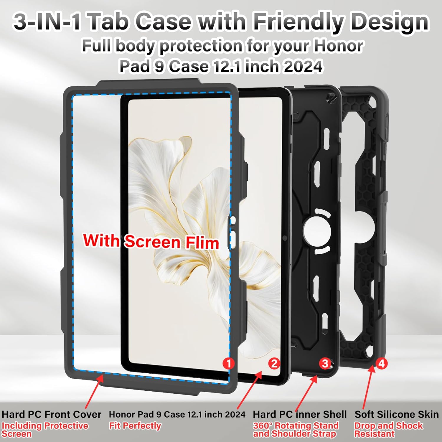 Honor Pad 9 12.1 inch Case Shockproof Rugged Protective Case Rotating Kickstand Tablet Cover
