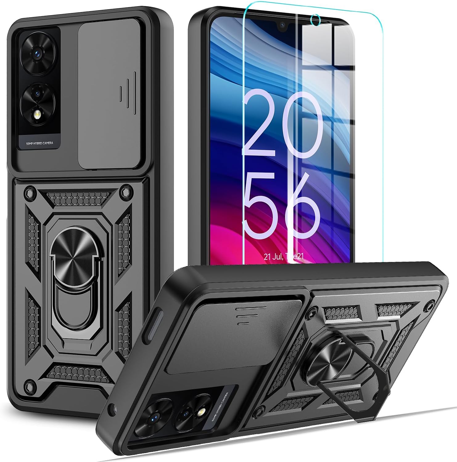 TCL 505 Shockproof Ring Stand Phone Cover & Screen Protector