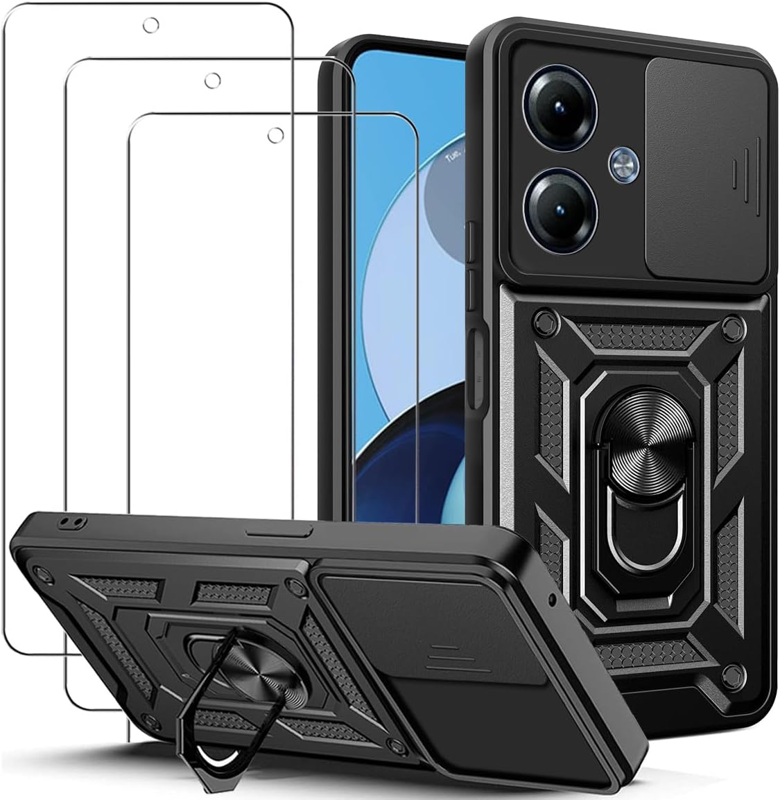 Motorola Moto G14 Case Shockproof Ring Stand Phone Camera Lens Cover & Screen Protector