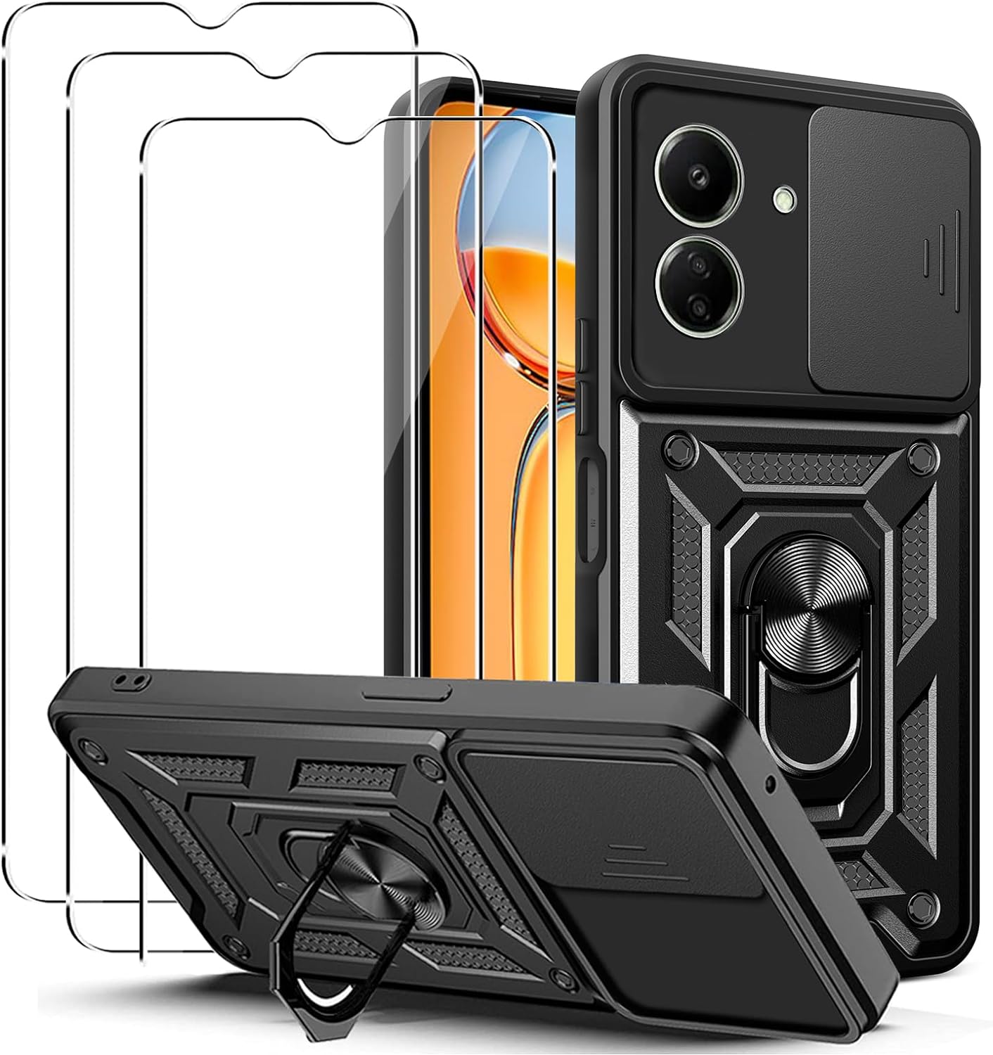 Xiaomi Redmi 13C / Poco C65 Case Shockproof Ring Stand Phone Camera Lens Cover & Screen Protector