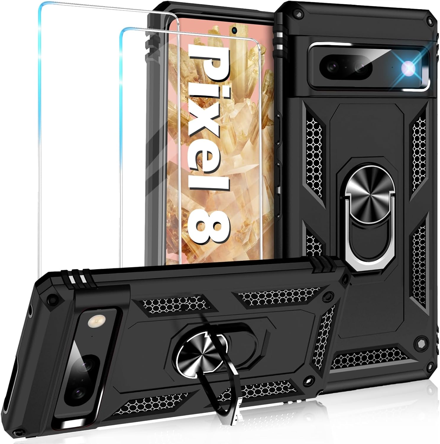 Google Pixel 8 / Pro Case Shockproof Ring Stand Phone Cover + Screen Protector