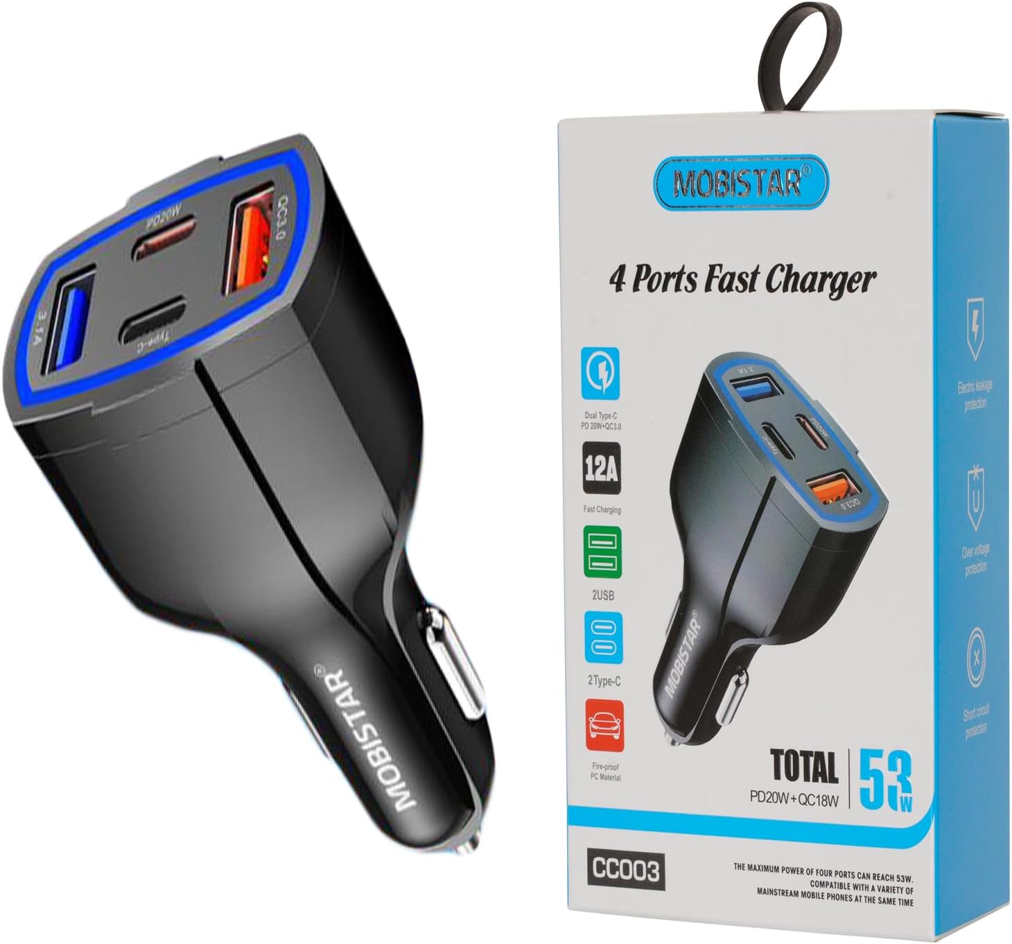 USB Car Charger Adaptor, 53W 12-24V QC&PD Type C Phone Multi 4 Port USB 3.0 Black Car Charging Cigarette Lighter Adapter