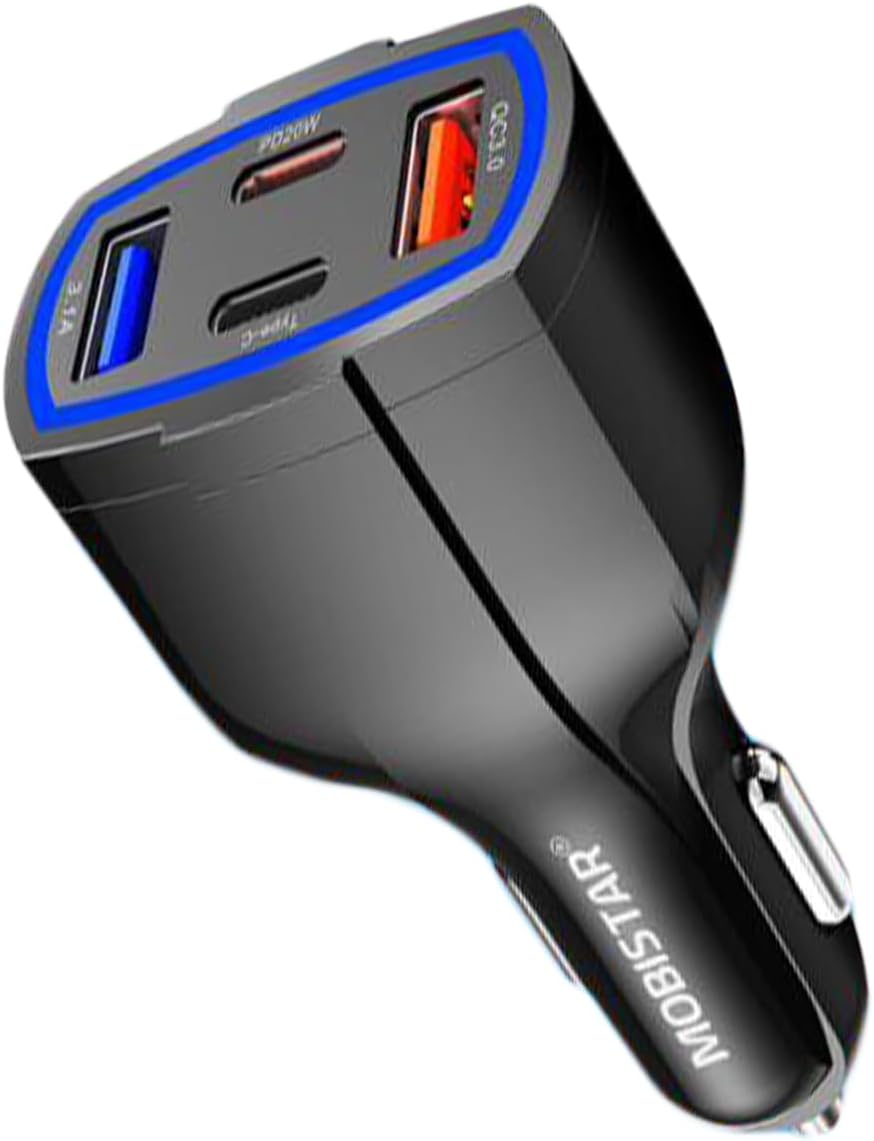 USB Car Charger Adaptor, 53W 12-24V QC&PD Type C Phone Multi 4 Port USB 3.0 Black Car Charging Cigarette Lighter Adapter