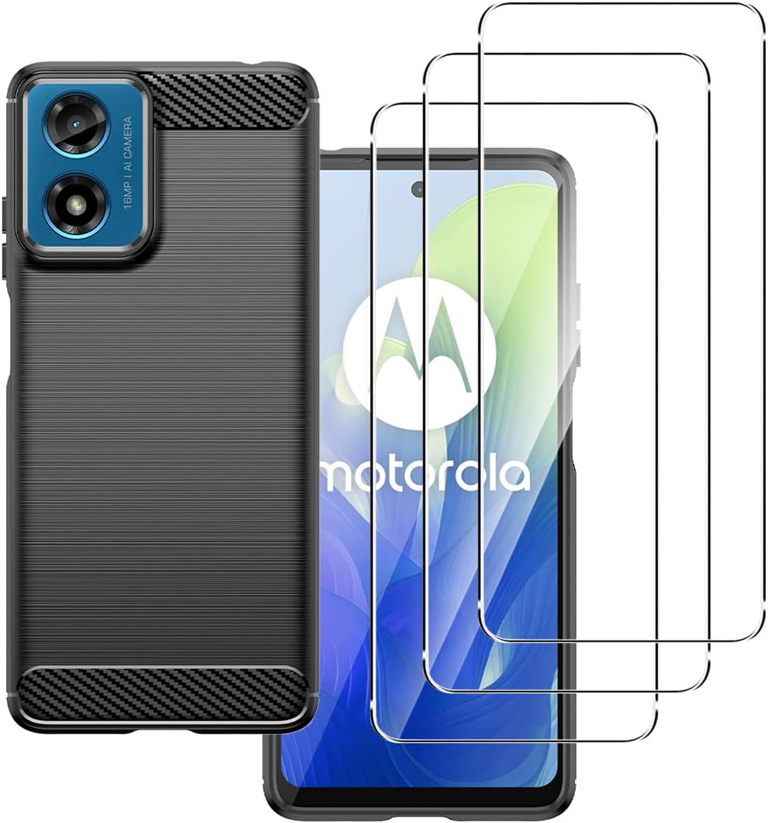 Motorola Moto E14 Case Carbon Fibre Phone Cover + Screen Protector