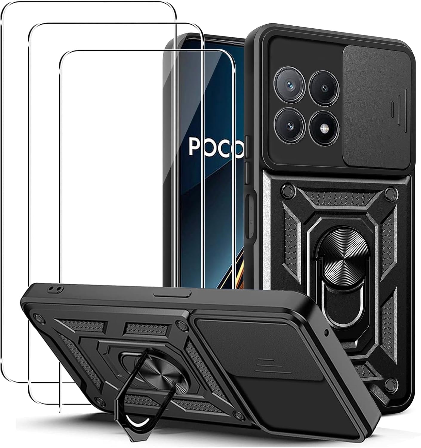 Xiaomi Poco F6 Pro Case Shockproof Ring Stand Phone Camera Lens Cover & Screen Protector
