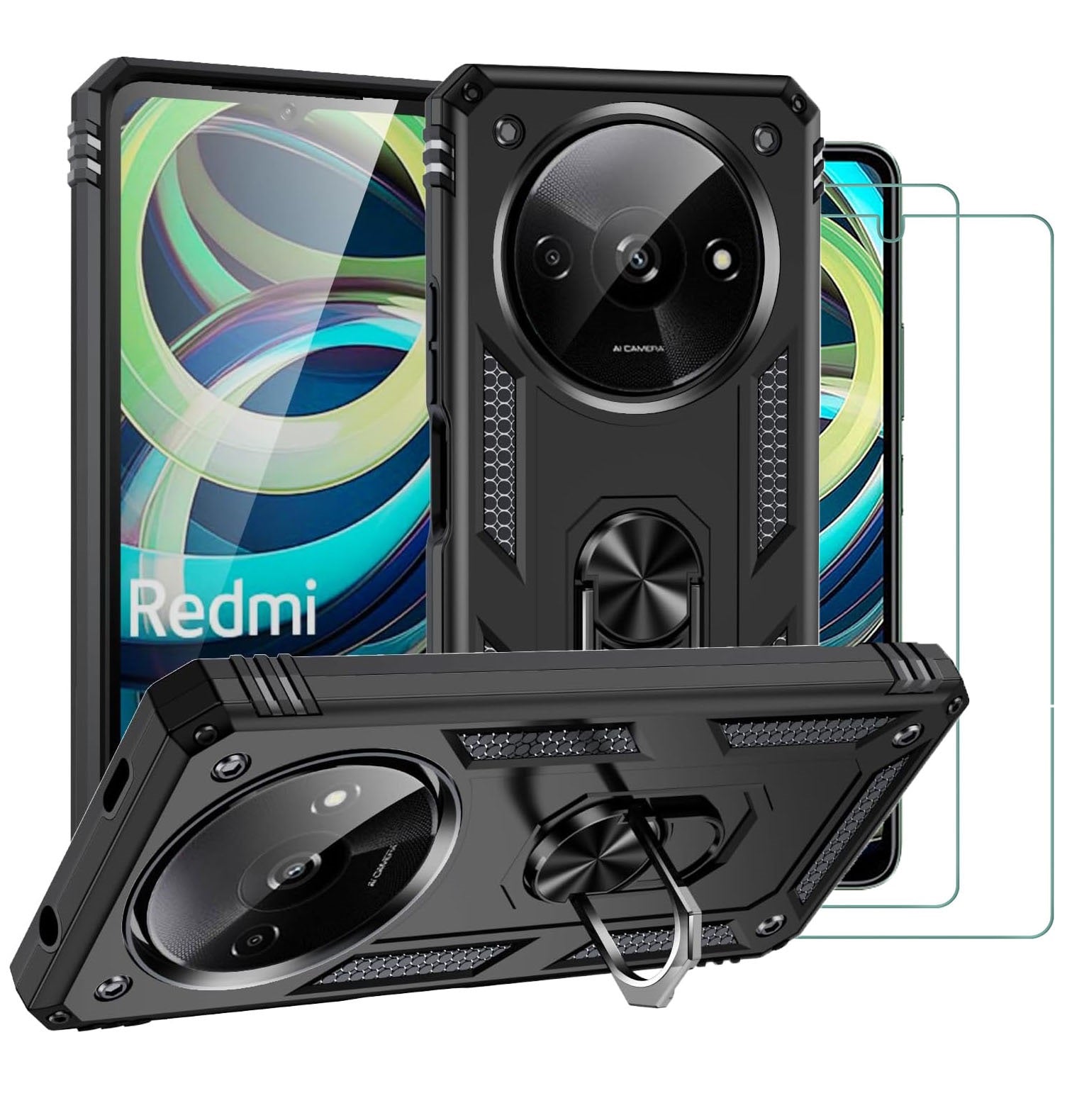 Xiaomi Redmi A3 Case Shockproof Ring Stand Phone Cover + Screen Protector