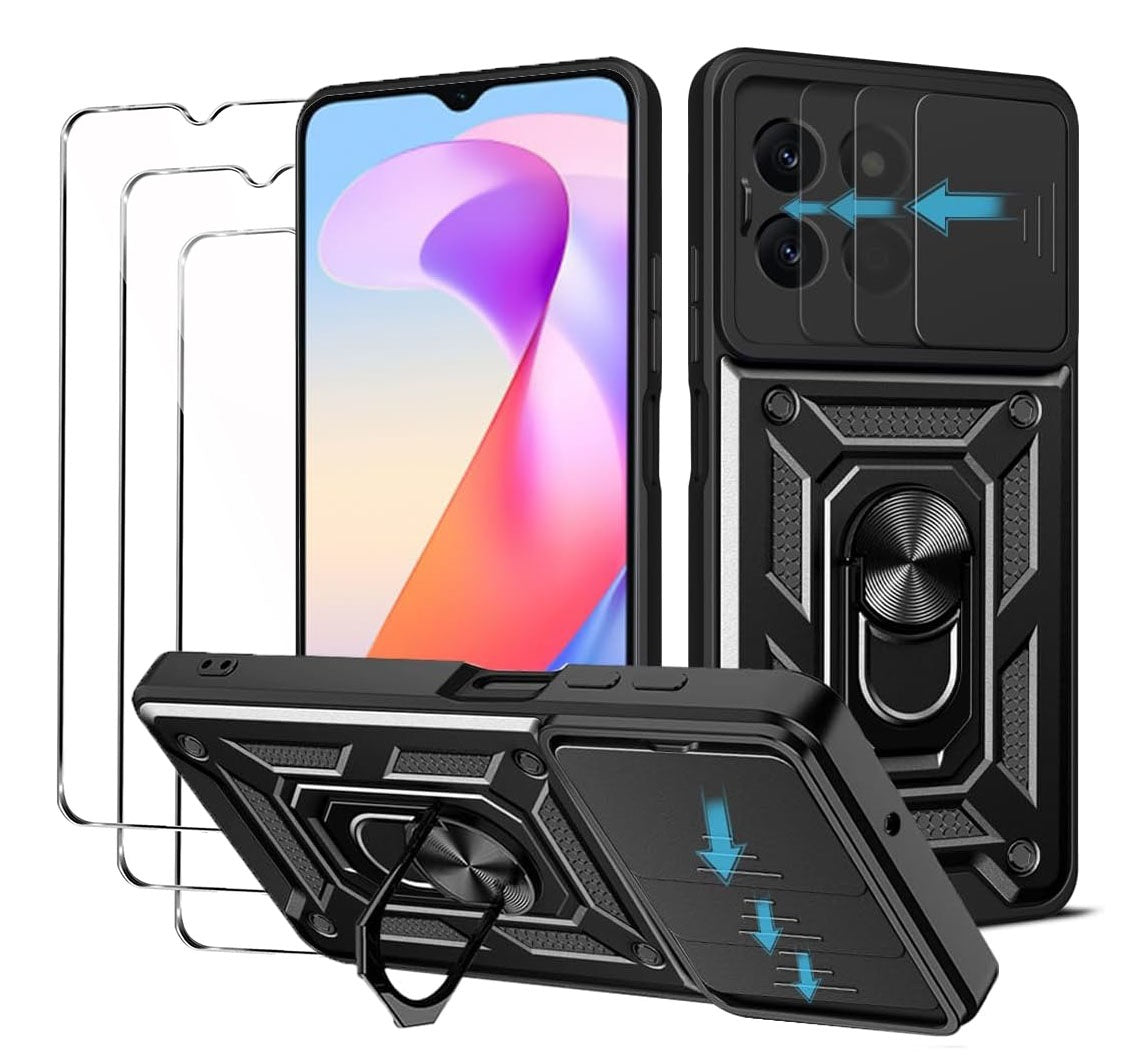 Honor X6a Case Shockproof Ring Stand Phone Camera Lens Cover & Screen Protector