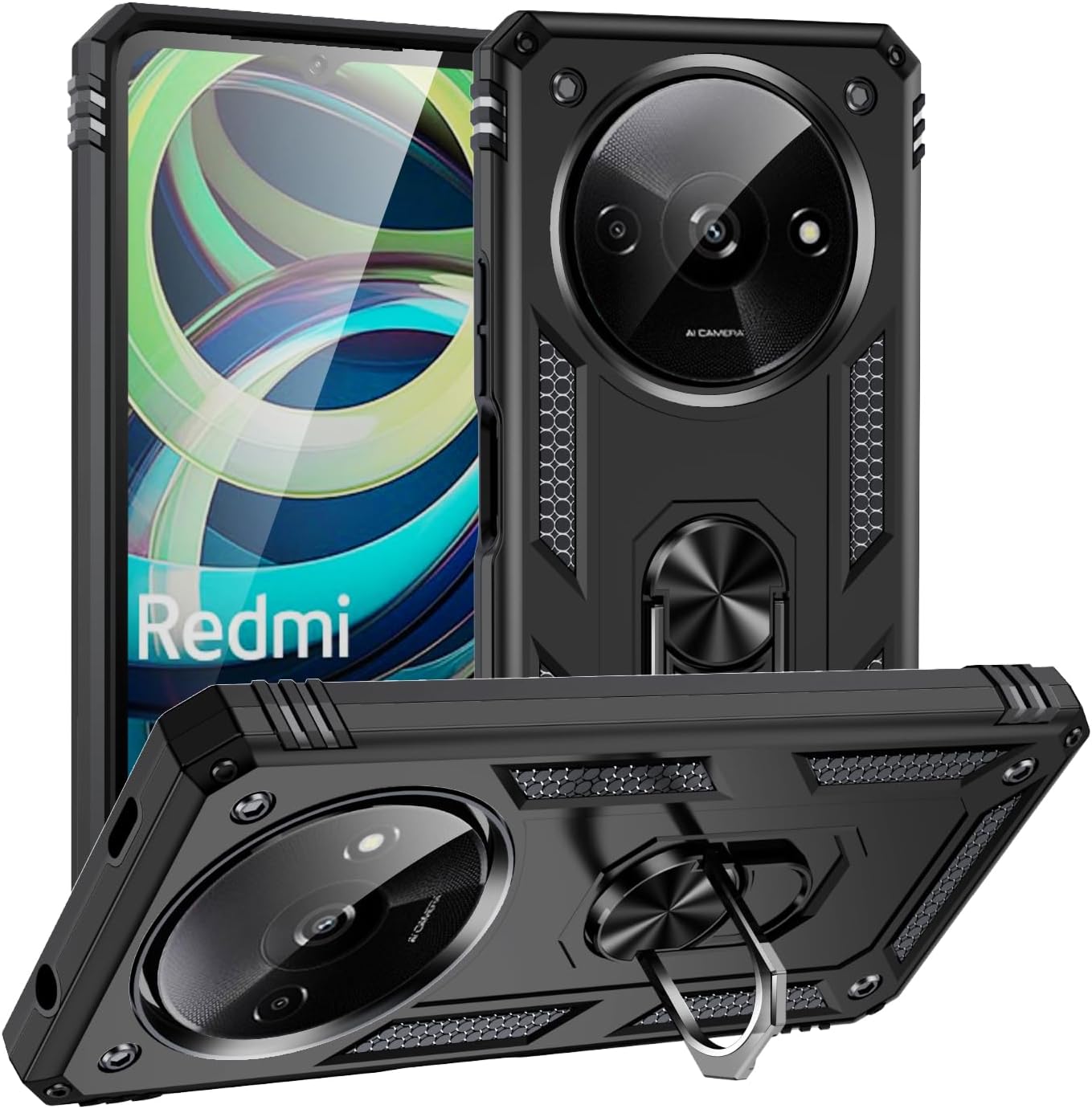 Xiaomi Redmi A3 Case Shockproof Ring Stand Phone Cover + Screen Protector