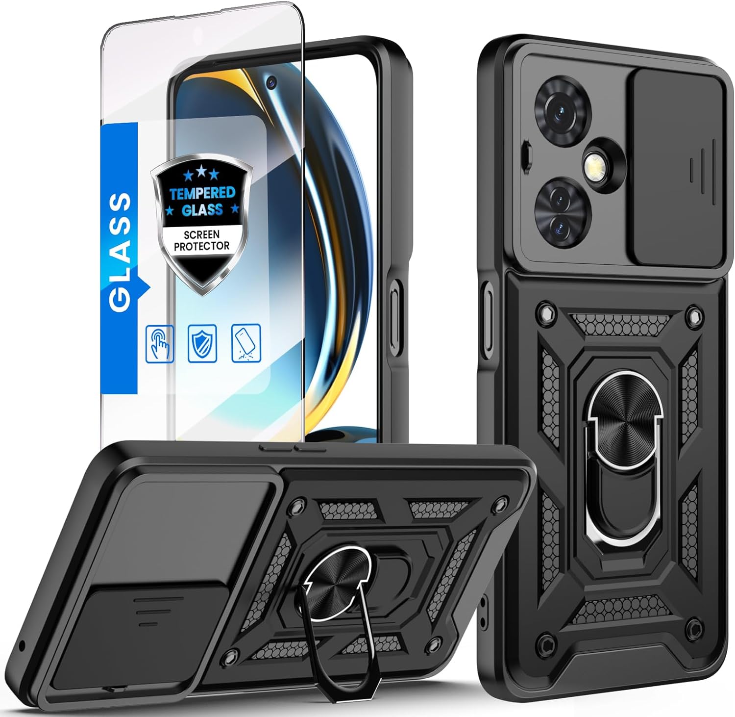 Xiaomi Poco F6 Case Shockproof Ring Stand Phone Camera Lens Cover & Screen Protector
