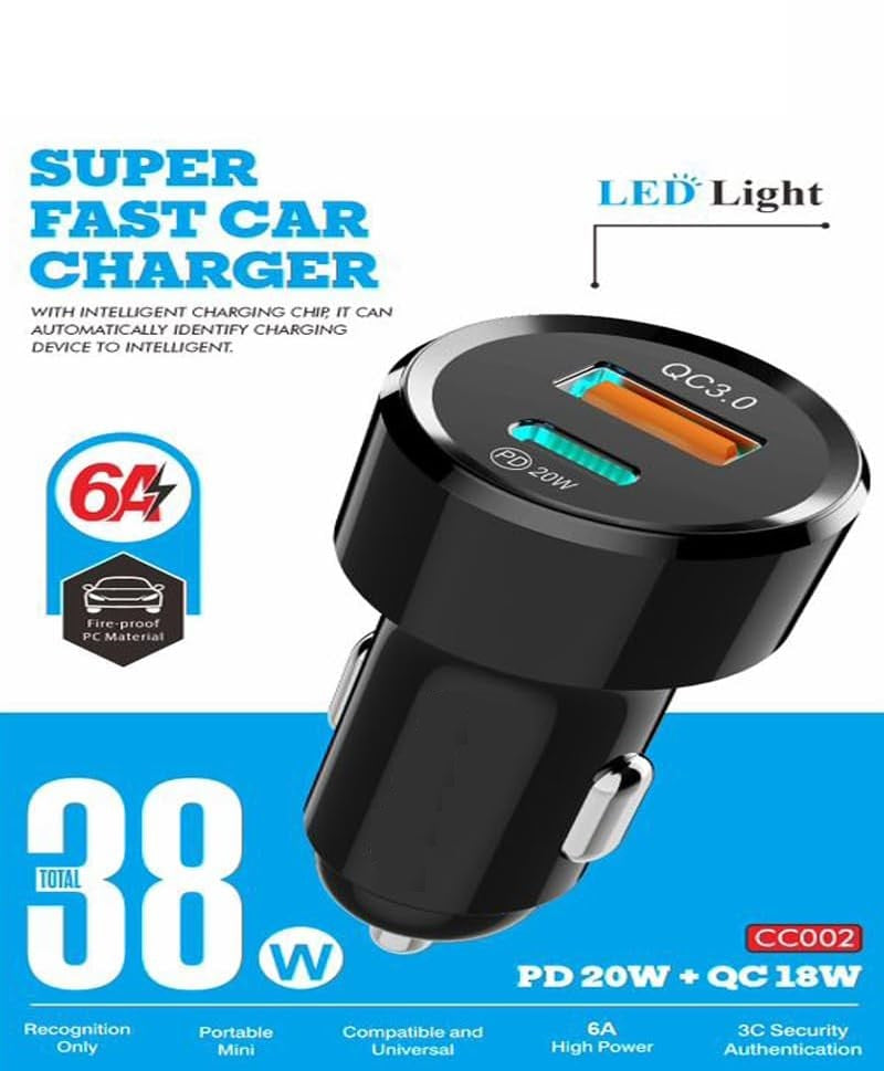 SB C Car Charger, 38W 6A Fast Car Charger 2-Port PD 20W & QC 3.0 18W Cigarette Lighter USB Charger 12V Adapter Socket