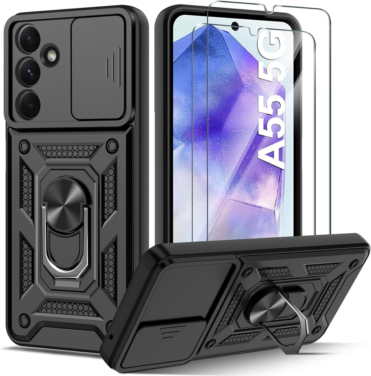 Samsung Galaxy A55 5G Case Shockproof Ring Stand Phone Camera Lens Cover & Screen Protector