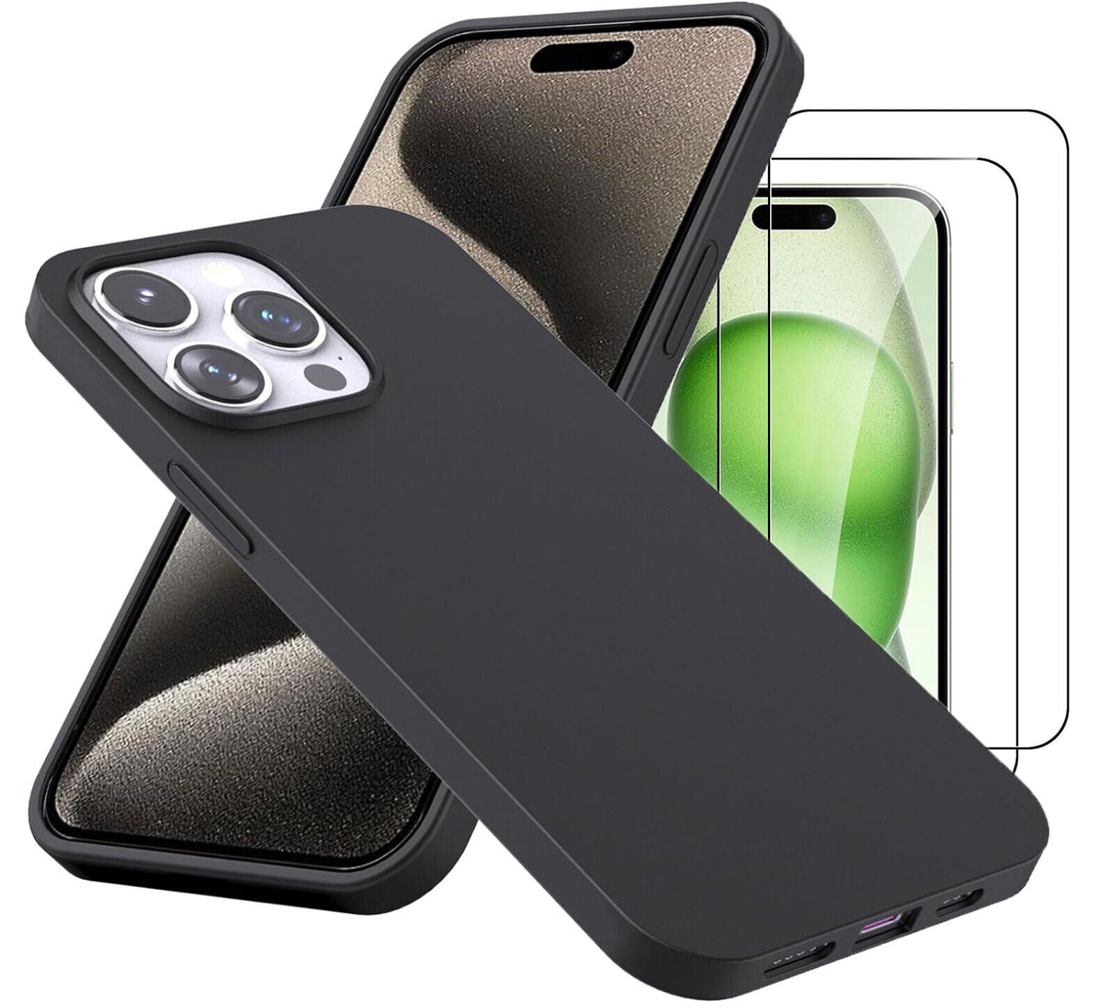 Apple iPhone 15 Pro Plus Max Case Black Gel Phone Cover & Screen Protector