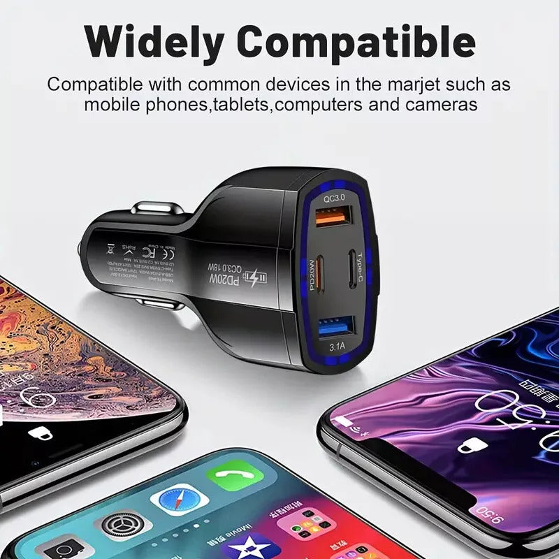 USB Car Charger Adaptor, 53W 12-24V QC&PD Type C Phone Multi 4 Port USB 3.0 Black Car Charging Cigarette Lighter Adapter 3.1A