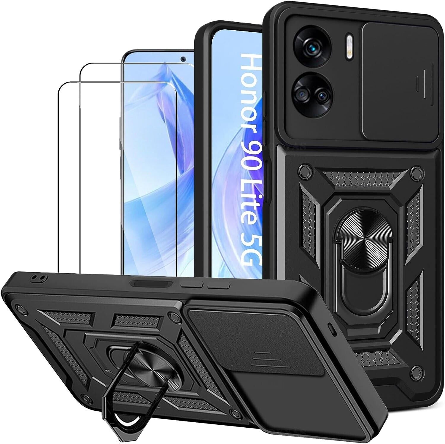 Honor 90 Lite 5G Case Shockproof Ring Stand Phone Camera Lens Cover & Screen Protector