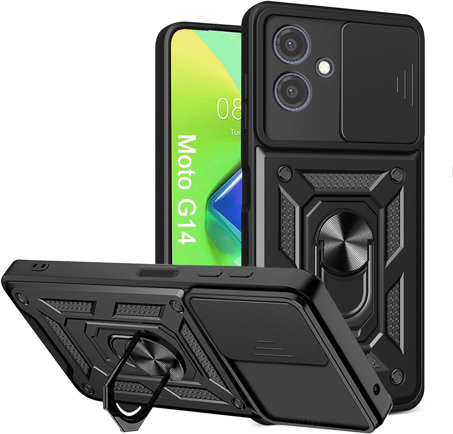 Motorola Moto G14 Case Shockproof Ring Stand Phone Camera Lens Cover & Screen Protector