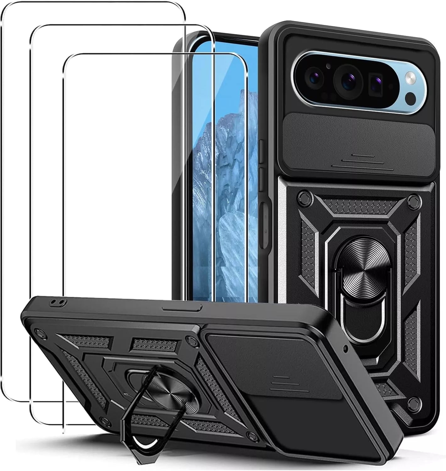 Google Pixel 9 / 9 Pro / XL Shockproof Ring Stand Phone Cover & Screen Protector