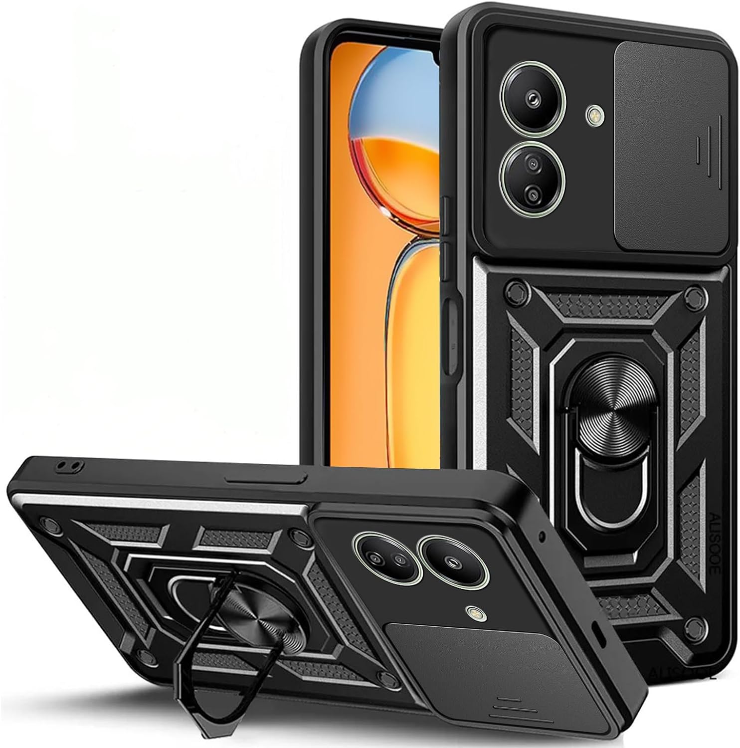 Xiaomi Redmi 13C / Poco C65 Case Shockproof Ring Stand Phone Camera Lens Cover & Screen Protector