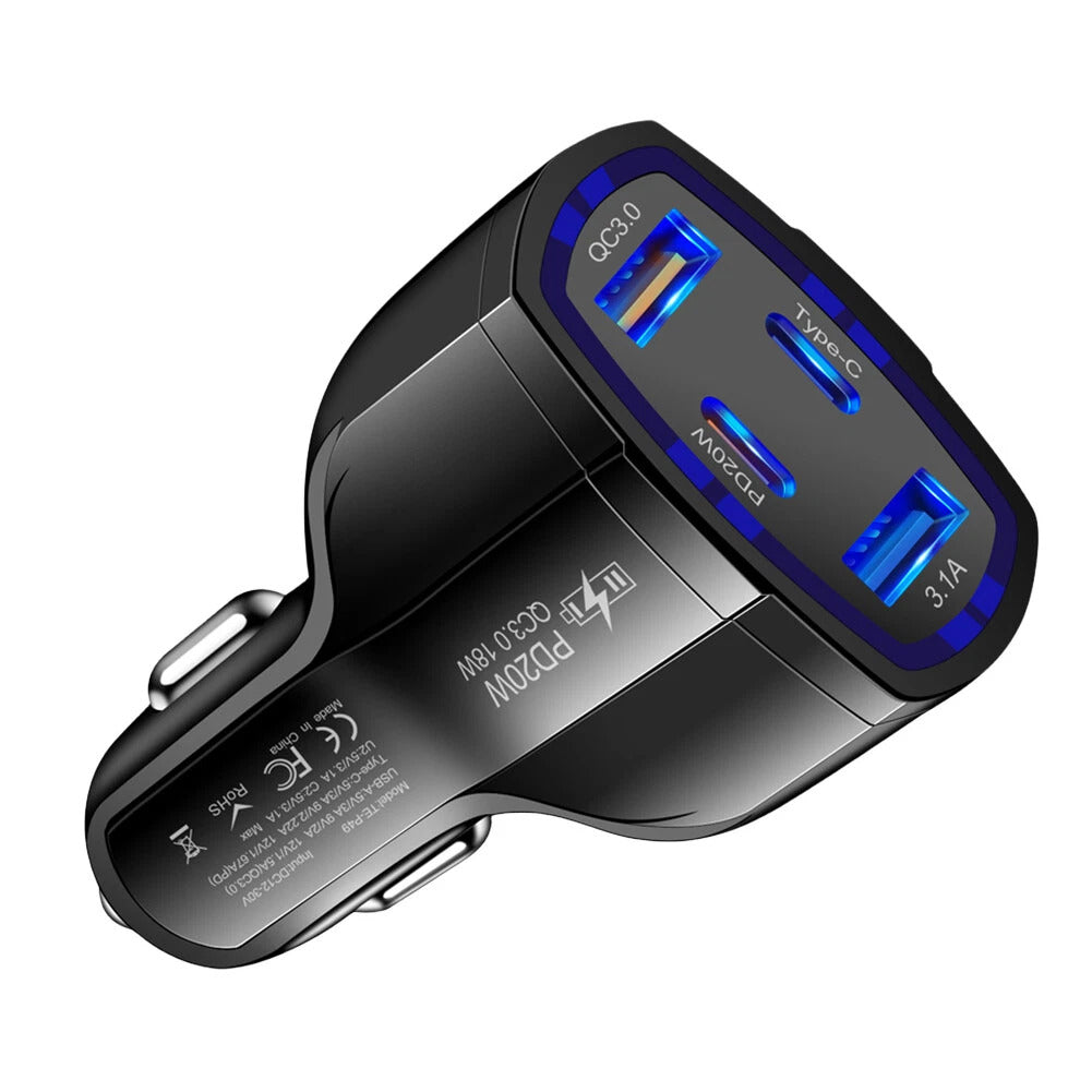 USB Car Charger Adaptor, 53W 12-24V QC&PD Type C Phone Multi 4 Port USB 3.0 Black Car Charging Cigarette Lighter Adapter 3.1A