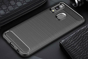 Compatible Samsung Galaxy A20 Case Carbon Fibre Cover & Glass Screen Protector