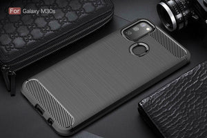 Samsung Galaxy M30s Case Carbon Fibre Cover & Glass Screen Protector