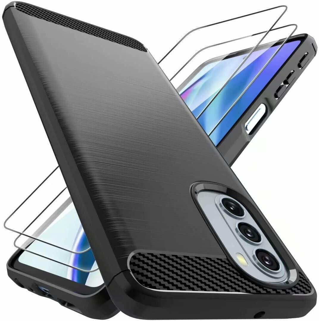 Motorola Moto G62 5G Case Carbon Fibre Cover & Glass Screen Protector