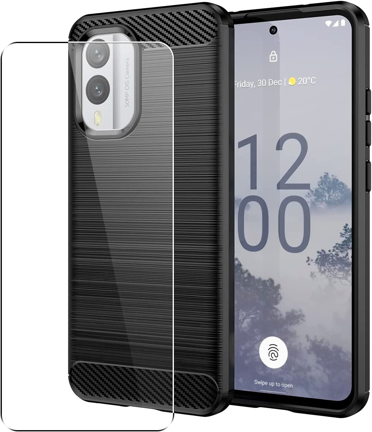 Nokia X30 / X30 5G Case, Carbon Fibre Cover & Glass Screen Protector