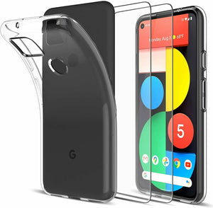 Google Pixel 5 Case Clear Slim Gel Cover & 2 Pack Glass Screen Protector