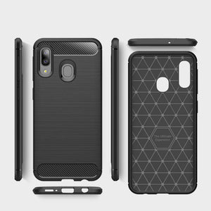 Compatible Samsung Galaxy A20 Case Carbon Fibre Cover & Glass Screen Protector