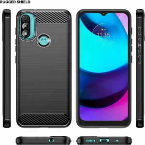 Motorola Moto E20 Case Carbon Fibre Cover & Glass Screen Protector