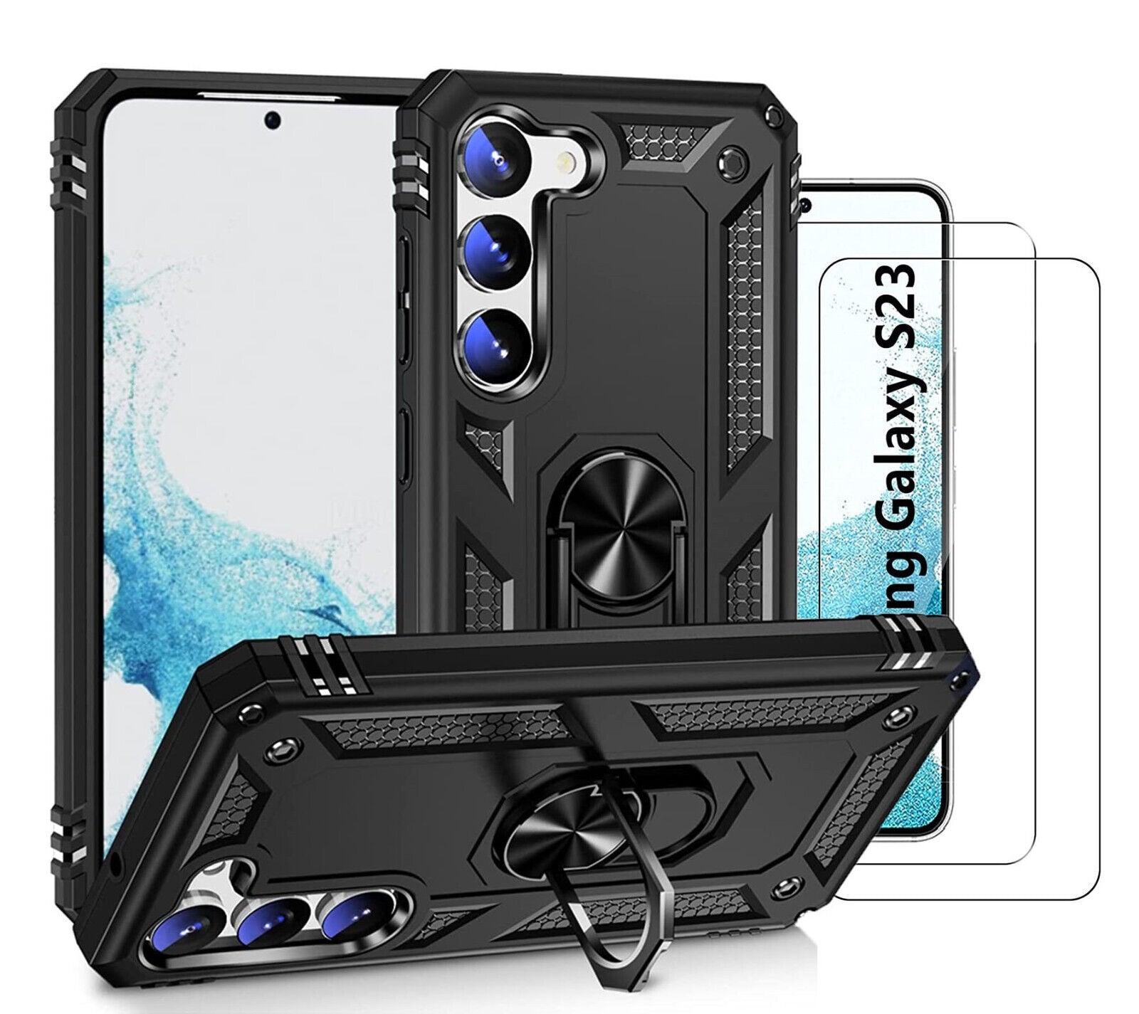 Samsung Galaxy S23 Case, Kickstand Phone Cover & Glass Screen Protector Ring