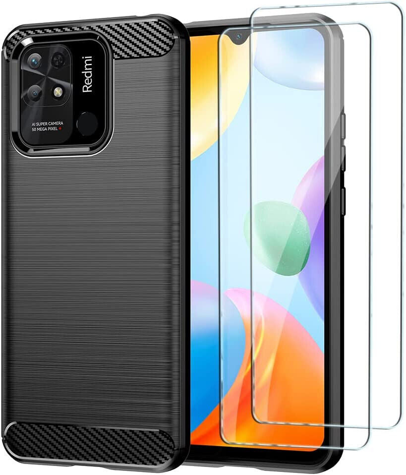 Xiaomi Redmi 10C Case, Carbon Fibre Cover & Glass Screen Protector