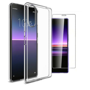 Sony Xperia 10 II Case Clear Slim Gel Cover & 2 Pack Glass Screen Protector