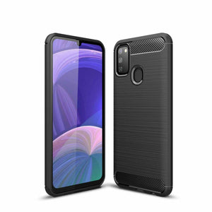 Samsung Galaxy M30s Case Carbon Fibre Cover & Glass Screen Protector