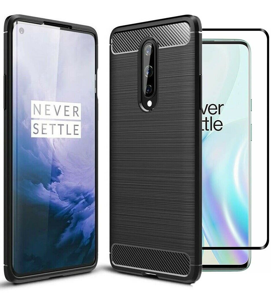 OnePlus 8 / 5G Case Carbon Gel Cover & Full Glass Screen Protector