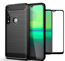 Motorola One Macro Case Carbon Gel Cover & Full Glass Screen Protector