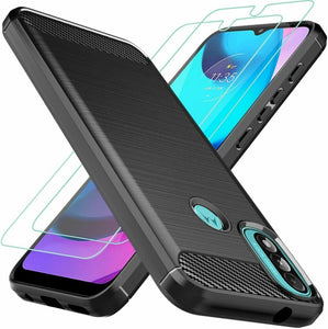 Motorola Moto E20 Case Carbon Fibre Cover & Glass Screen Protector