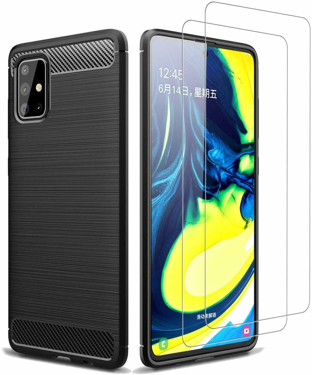 Samsung Galaxy A71 Case Carbon Fibre Cover & Glass Screen Protector