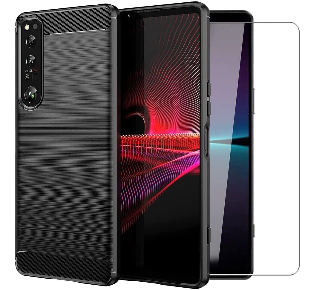 Sony Xperia 1 IV Case Carbon Fibre Cover & Glass Screen Protector