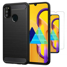 Samsung Galaxy M30s Case Carbon Fibre Cover & Glass Screen Protector